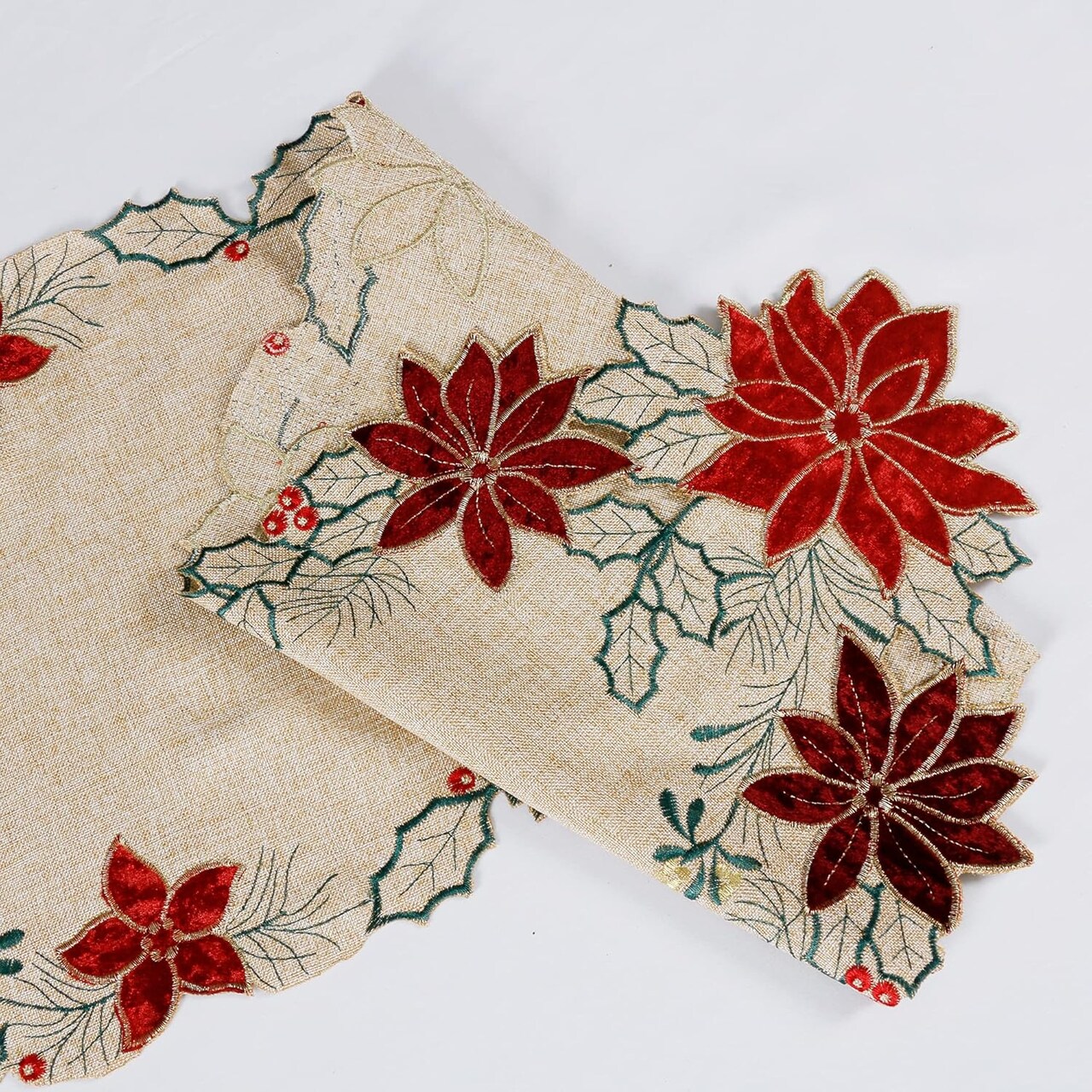Christmas Table Runner 90 Inches Long, Embroidered Red Poinsettia Table Runner for Xmas Holiday Decorations , Linen Textured Fabric Dresser Scarf, Machine Washable